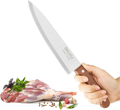 OLULU 8 inch Chef Knife, Razor Sharp Kitchen Knife with Protective Knife Sheath, Razor Sharp Slicing Knife with Ergonomic Handle, German Stainless Steel, Dishwasher Safe (Brown Color)