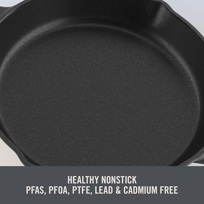 DASH Zakarian by Dash 9"x13" Nonstick Cast Iron Pan with Pour Spout and Removable Silicone Grips for Searing, Baking, Broiling, Grilling and more- Black