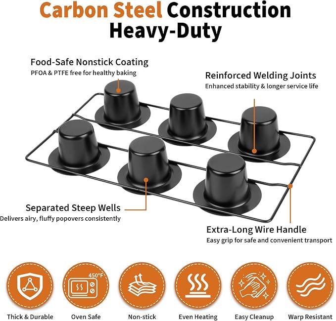 Nonstick Popover Pans, 2Pack Popover Baking Pans with Cooling Rack, 12-Cavity Pop Over & Yorkshire Pudding Pan, Individual Cups for Even Heating, Versatile for Cupcakes, Muffins, Brioche, Carbon Steel