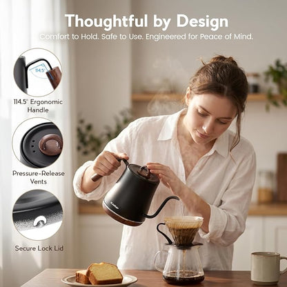 Electric Kettle, 1000W Quick Heating Gooseneck Kettles, 1.0L/33.82oz, 0.8mm Ultra-Fine Spout, Precise Water Flow Control, 304 Stainless Steel Inner, Auto Shut-Off, Boil Dry Protection, Matte Black