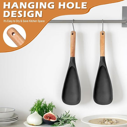 Cooking Spoon Set with Wooden Handle, Heat-Resistant Kitchen Utensils for Stirring, Mixing, Serving, Non-Stick Cookware (BLACK - 1Pack)