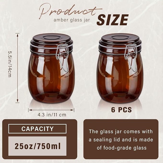 Norme 6 Pack 25oz Amber Airtight Glass Jars with Lids, Round Food Storage Container Airtight Food Wire Clip Fastening for Sauerkraut Flour Kitchen Sugar Cereal Kitchen Canning Pickling Mason Jars