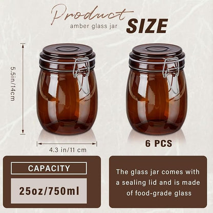 Norme 6 Pack 25oz Amber Airtight Glass Jars with Lids, Round Food Storage Container Airtight Food Wire Clip Fastening for Sauerkraut Flour Kitchen Sugar Cereal Kitchen Canning Pickling Mason Jars
