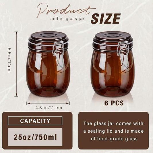 Norme 6 Pack 25oz Amber Airtight Glass Jars with Lids, Round Food Storage Container Airtight Food Wire Clip Fastening for Sauerkraut Flour Kitchen Sugar Cereal Kitchen Canning Pickling Mason Jars