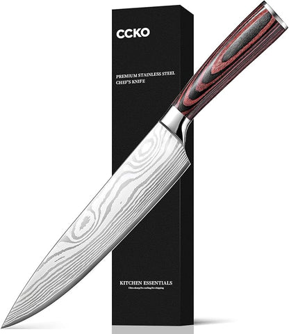 Chef Knife Professional Japanese AUS-10 Steel Core Kitchen Knife with Damascus Pattern, Razor Sharp 8 Inch Chefs Knife with Full-Tang Ergonomic Handle - Ideal for Home Cooks & Professional Chefs