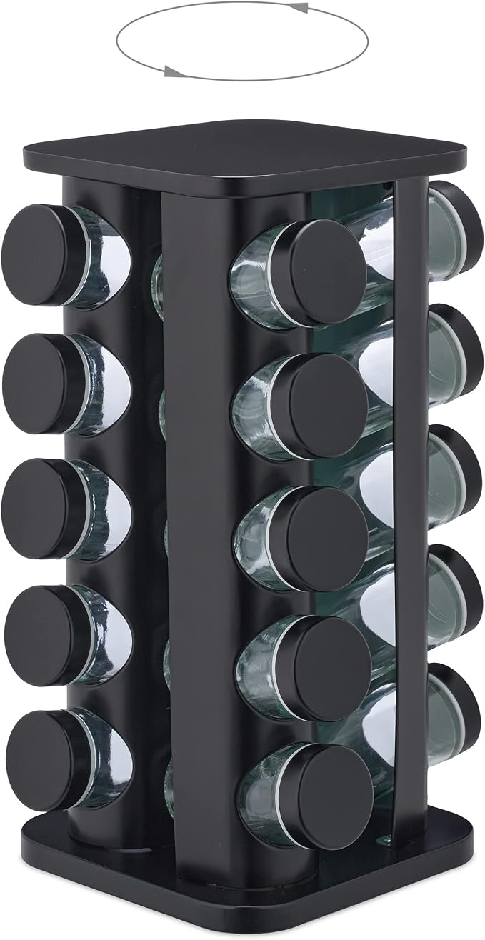 Relaxdays Spice Rack, 20 Glass Jars, Rotatable, Stainless Steel, H x D: Approx. 33.5 x 20 cm, Black