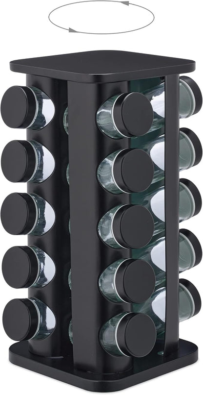Relaxdays Spice Rack, 20 Glass Jars, Rotatable, Stainless Steel, H x D: Approx. 33.5 x 20 cm, Black