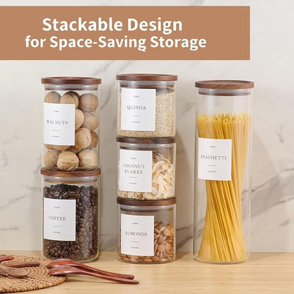 Set of 3 Glass Pantry Jars with Acacia Wood Lids, 65oz Airtight Pasta Organizers with 105 Labels, Tall Glass Pantry Storage Containers for Cereal, Spaghetti, Pasta Canisters
