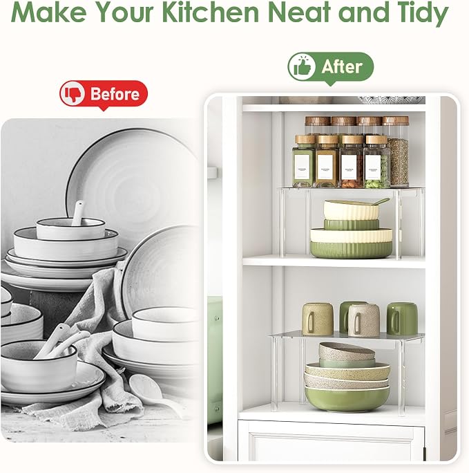 Delamu Cabinet Shelves, Clear Stackable Acrylic Storage Risers with Heavy Duty Support, Cabinet Organizer Shelf for Spices, Seasonings, Jars, Pantry, Kitchen Counter, Easy Assembly