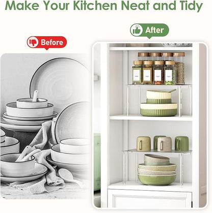 Delamu Cabinet Shelves, Clear Stackable Acrylic Storage Risers with Heavy Duty Support, Cabinet Organizer Shelf for Spices, Seasonings, Jars, Pantry, Kitchen Counter, Easy Assembly
