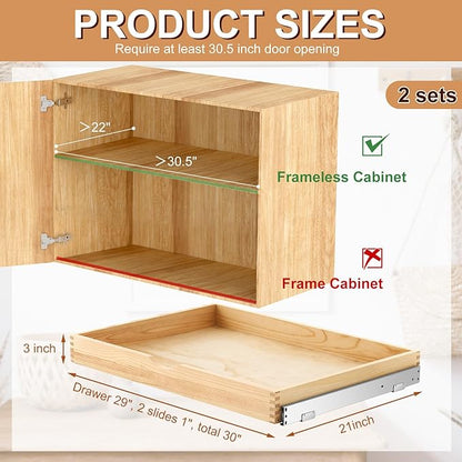 Menkxi 2 Set Wooden Pull out Cabinet Organizer Fully Assembled Slide out Pantry Drawer with Gentle Close Storage Shelf Tray for Base Kitchen Under Sink Bathroom Accessory(Wood Color,30'' X 21'' X 3")