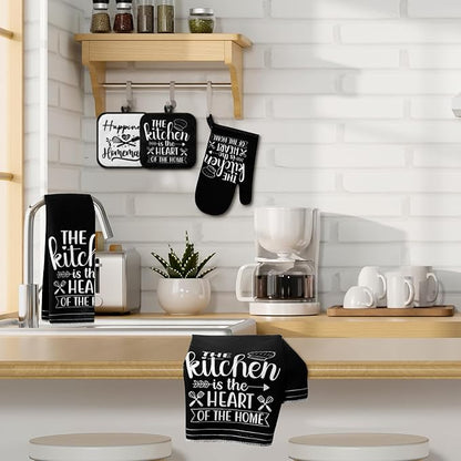 Sratte 6 Pcs Kitchen Decor Accessories Set Farmhouse Towels Pot Holders Oven Mitts Set 2 Dish Towels 2 Potholders 2 Cooking Mittens Oven Glove for Christmas Baking Cooking Supply(White,Kitchen)