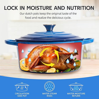 6 Quart Dutch Oven Enameled Cast Iron with Lid - Big Dual Handles - Oven Safe up to 500°F - Classic Round Pot for Versatile Cooking (Blue, 6 QT)