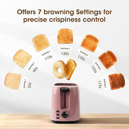 iSiLER 2 Slice Toaster, 1.3 Inches Wide Slot Bagel Toaster with 7 Shade Settings and Double Side Baking, Removable Crumb Tray, Defrost Cancel Function Pink | 1.3in Extra Wide Slots, 750W Even Double-Side Toasting, Defrost Reheat Cancel Modes, Removable...