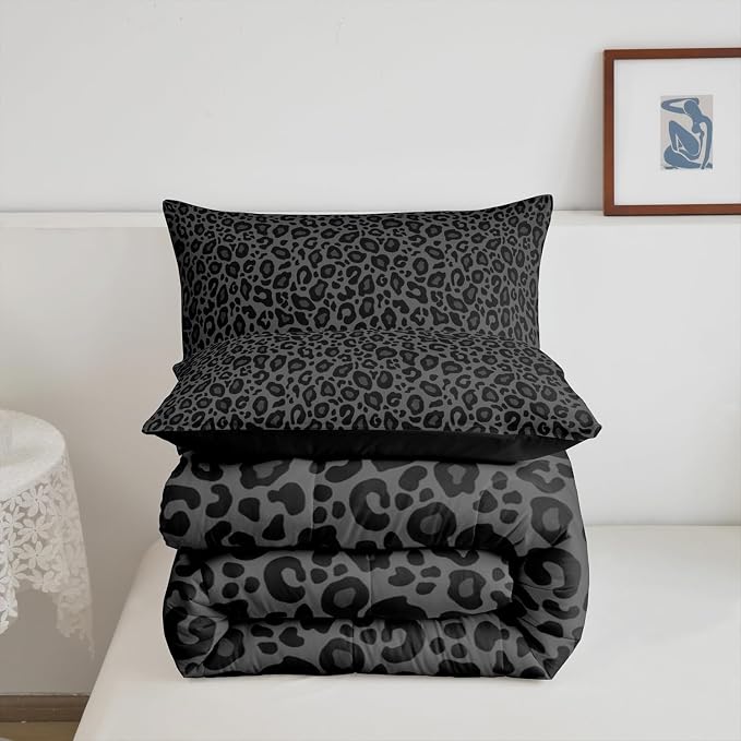 Manfei Black Wild Animal Skin Boys Girls Comforter Set Full Size Leopard Print Duvet Set Teens Bedroom Decor African Cheetah Wildlife Microfiber Soft Bedding