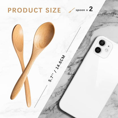 2 PCS Small Wooden Spoons, 5.8 Inch Honey Spoons for Tea, Beech Wooden Honey Teaspoon for Coffee, Little Tiny Wood Spoons, Bamboo Table Spoon for stirring, Wooden Spoons for Utensils Set