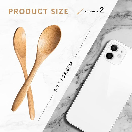 2 PCS Small Wooden Spoons, 5.8 Inch Honey Spoons for Tea, Beech Wooden Honey Teaspoon for Coffee, Little Tiny Wood Spoons, Bamboo Table Spoon for stirring, Wooden Spoons for Utensils Set