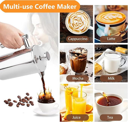 Small French Press 350ml Coffee Maker, Double-Wall Insulated French Press Coffee Press Stainless Steel, Included 2 Extra Fliters and 1 Coffee Spoon (1 cup, 12 OZ)