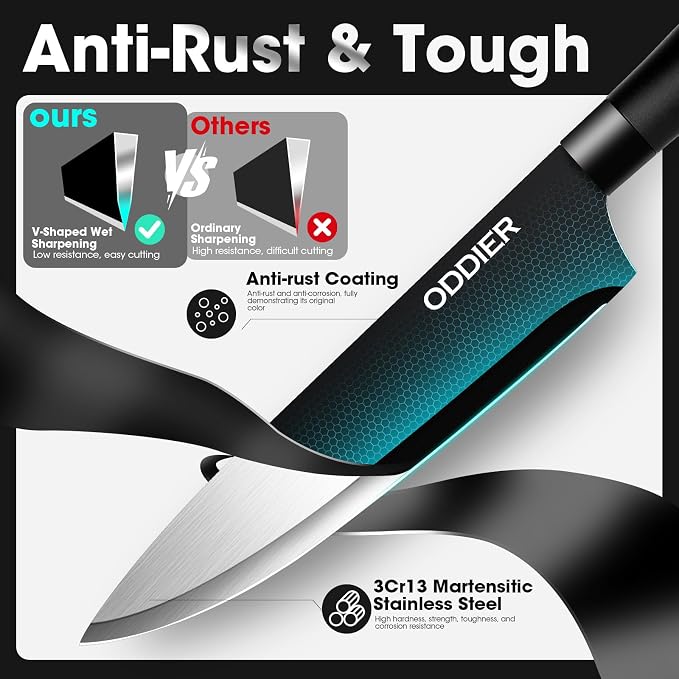 Kitchen Knife Ket with block, Knife Block Set, Anti-Rust High Carbon German Stainless Steel Knife Set, 7 Piece Chef Knife Set, New Home Apartment Essentials, Dishwasher Safe, Black