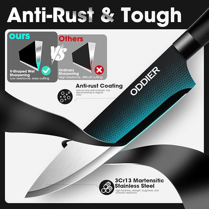 Kitchen Knife Ket with block, Knife Block Set, Anti-Rust High Carbon German Stainless Steel Knife Set, 7 Piece Chef Knife Set, New Home Apartment Essentials, Dishwasher Safe, Black