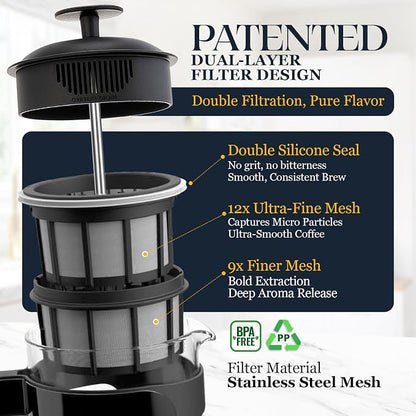 ESPRO Light P3 French Press Coffee Maker – Patented Double Micro-Filter for Grit-Free Brew, Heat Resistant thicker Borosilicate Glass Coffee press – (Black, 32 oz)