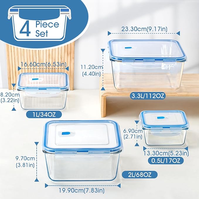 NUTRIUPS 112oz/68/34/17oz Large Glass Food Storage Containers with Airtight Lids, Square Meal Prep Container Set, Easy-Open Vented Lid, Oven Safe Baking Dish
