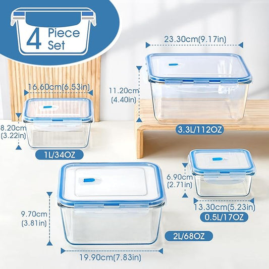 NUTRIUPS 112oz/68/34/17oz Large Glass Food Storage Containers with Airtight Lids, Square Meal Prep Container Set, Easy-Open Vented Lid, Oven Safe Baking Dish