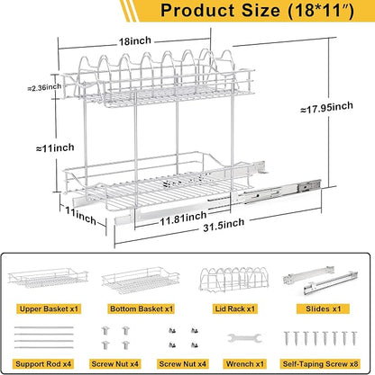 FULGENTE Pull Out Cabinet Pots and Pans Organizer 11" W x 18" D 2 Tier Wire Basket for Lid Cookware Drawer Slide Out Kitchen Cupboard Organization Shelves Shelf for Pantry Roll Out Storage, Chrome