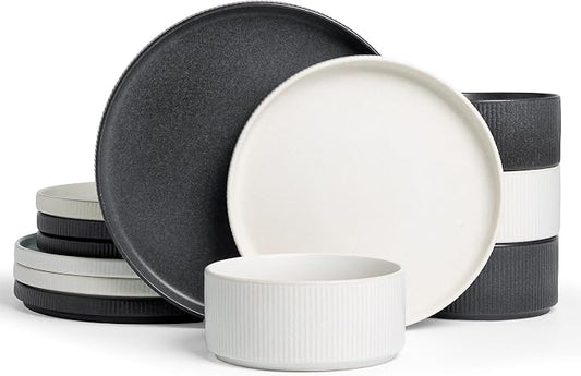 Famiware Star 12-Piece Stoneware Dinnerware Sets for 4, Reactive Glaze Plates and Bowls, Modern Rustic Dishes for Everyday/Formal Use, Chip/Scratch Resistant, Microwave/Dishwasher Safe, White & Black