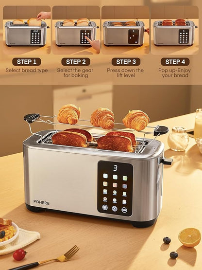 4 Slice Toaster Touch Screen Control, Long Extra Wide Slots Smart Bread Toaster, 6 Bread Types & 6 Shade Settings, Stainless Steel Toaster, with Removable Tray, Cancel/Defrost/Reheat Function, Sliver