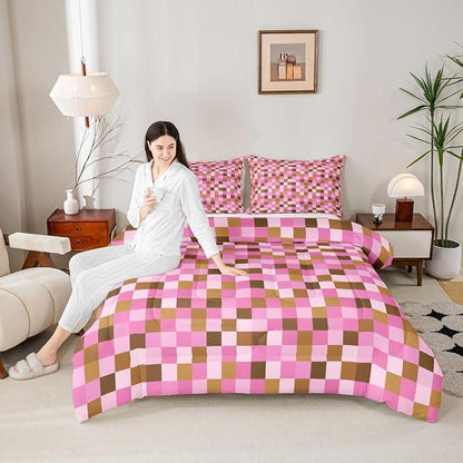 Manfei Pixel Grid Theme Comforter Set Queen Size,Cartoon Gamepad Duvet Insert Adults Bedroom Decor,Abstract Simple Bedding Set,Brown Pink Ultra Soft Microfiber Inner Fill 3Pcs Bedding