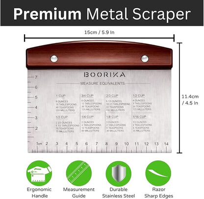 BOORIKA Dough Scraper & Bench Scraper Kitchen – Stainless Steel Sourdough Tools – Dough Cutter for Sourdough Bread, Pizza, and Flat Top Griddles – Chef Approved (Dark)