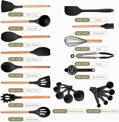 Kitchen Utensils Set - 34 PCS Non-Stick Silicone Cooking Utensils Set Spatula Set with Holder, Wooden Handle Spoon,Brush,Whisk Kitchen Gadgets Tools Set for Nonstick Cookware (Black-34P)