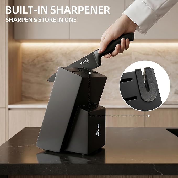 ZHANG XIAO QUAN 15-Piece Kitchen Knife Set with Block, High Carbon Stainless Steel, Ergonomic Hollow Handles, Durable Sharp Blades for Precision Cutting, Black