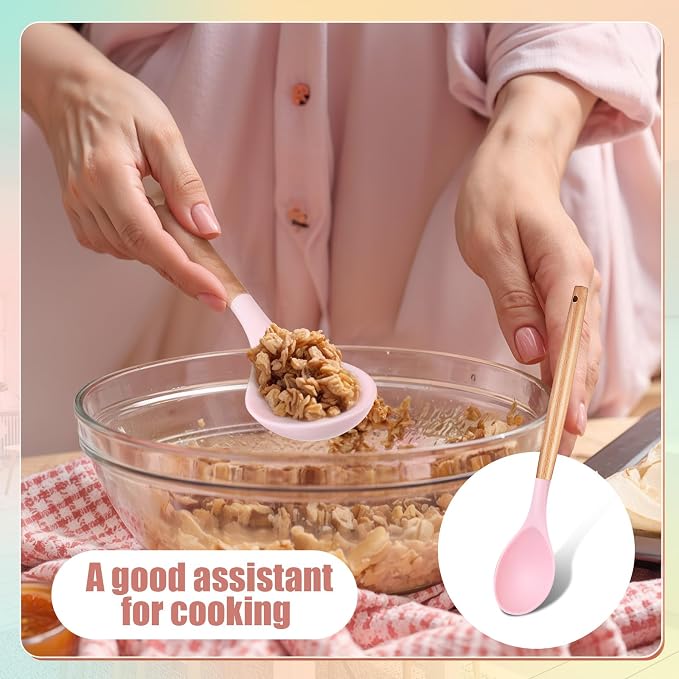 Patelai 2 Pieces Silicone Nonstick Mixing Spoon Kitchen Cooking Spoons Serving Spoon with Wooden Handle Heat Resistant Utensil Spoons for Mixing, Baking, Serving and Stirring (Green, Pink)