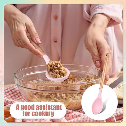 Patelai 2 Pieces Silicone Nonstick Mixing Spoon Kitchen Cooking Spoons Serving Spoon with Wooden Handle Heat Resistant Utensil Spoons for Mixing, Baking, Serving and Stirring (Green, Pink)