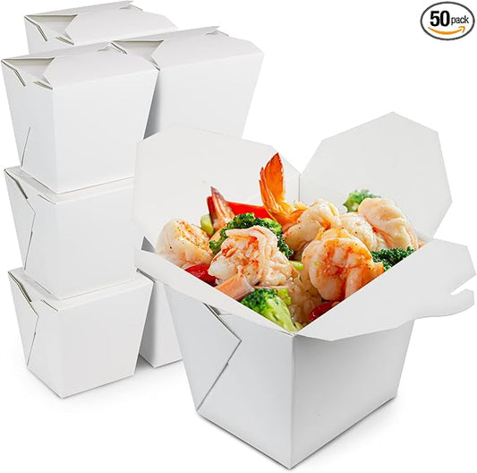 Fit Meal Prep 50 Pack 26 oz 4 x 3 Rectangle Paper Chinese Take Out Food Containers, Plain White Half Quart Chinese Asian To Go Boxes