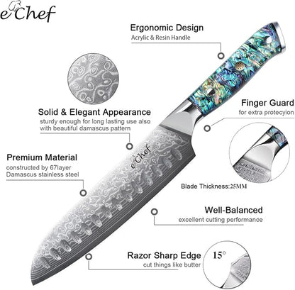 7-inch Hand-Forged Santoku Knife, Professional Chef's Knife, Made of VG10 Steel, Deep Sea Abalone Shell Handle, Damascus Sharp Kitchen Knife, Comes with Gift Box (7.2-inch Santoku Knife)