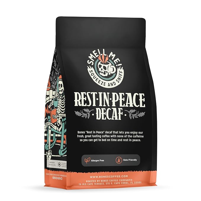 Bones Coffee Company Rest in Peace Decaffeinated Unflavored Coffee, Medium Roast Low Acid Arabica Beans Compatible with Auto drip and French Press Coffee Maker, 12 Oz Ground