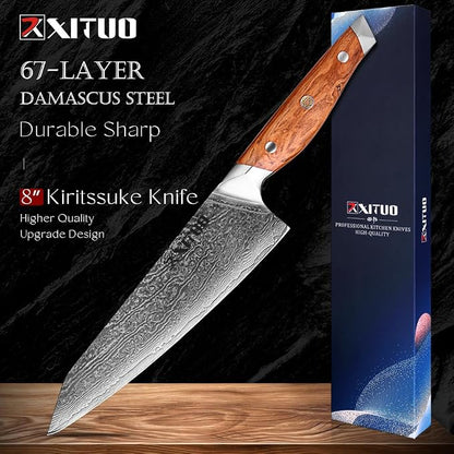 XITUO Damascus Steel Kiritsuke Knife 8-Inch, Japanese Chef Knife VG-10 67 Layers Steel Kitchen Knife, Ultra Sharp Razor Edge for Meat Vegetable Chopping, Olive Wood Handle Gift for Chefs