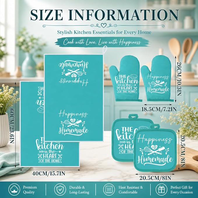 Sratte 6 Pcs Kitchen Decor Accessories Set Farmhouse Towels Pot Holders Oven Mitts Set 2 Dish Towels 2 Potholders 2 Cooking Mittens Oven Glove for Christmas Baking Cooking Supply(Light Teal,Kitchen)