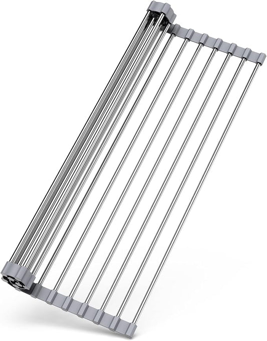Over Sink Dish Drying Rack, 17" L x 11.8" W, Roll Up Dish Drying Rack for Kitchen, Gray