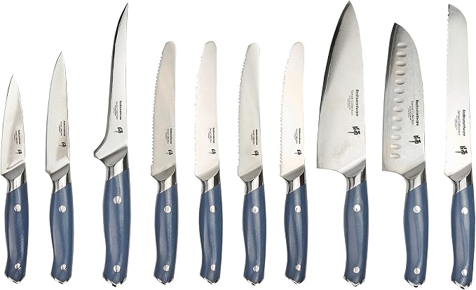 Restaurantware Sensei 10-Piece Knife Set 1 Sharp Professional Knife Set For Chefs - Damascus Steel 67 Layers Blue German Steel Steel Knife Set Ergonomic Handle For Multi Purpose Kitchen Use