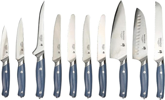 Restaurantware Sensei 10-Piece Knife Set 1 Sharp Professional Knife Set For Chefs - Damascus Steel 67 Layers Blue German Steel Steel Knife Set Ergonomic Handle For Multi Purpose Kitchen Use
