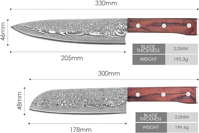 COOKLET'S Chef Knife and Santoku Knife 2PCS Kitchen Knife Set with Gift Box, Professional VG10 Damascus High Carbon Stainless Steel Chef's Knives – Ultra Sharp Cooking Knife with G10 Ergonomic Handle