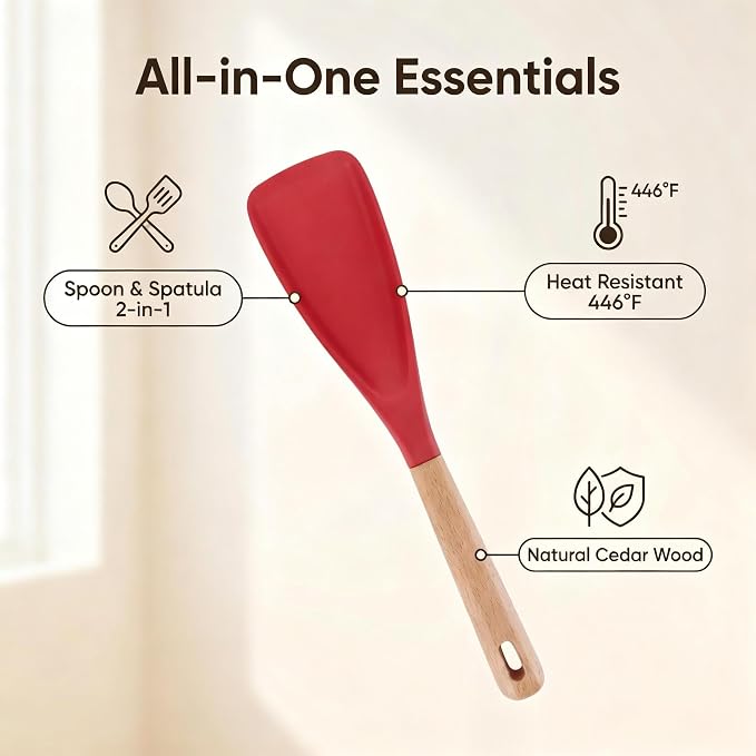 Cooking Spoon for Nonstick Cookwares,Cedar and Ash Spoon, Multifunction Spatula Cooking Spoon, Perfect Silicone Spoon for Mixing, Scoop, and Scrape(RED)