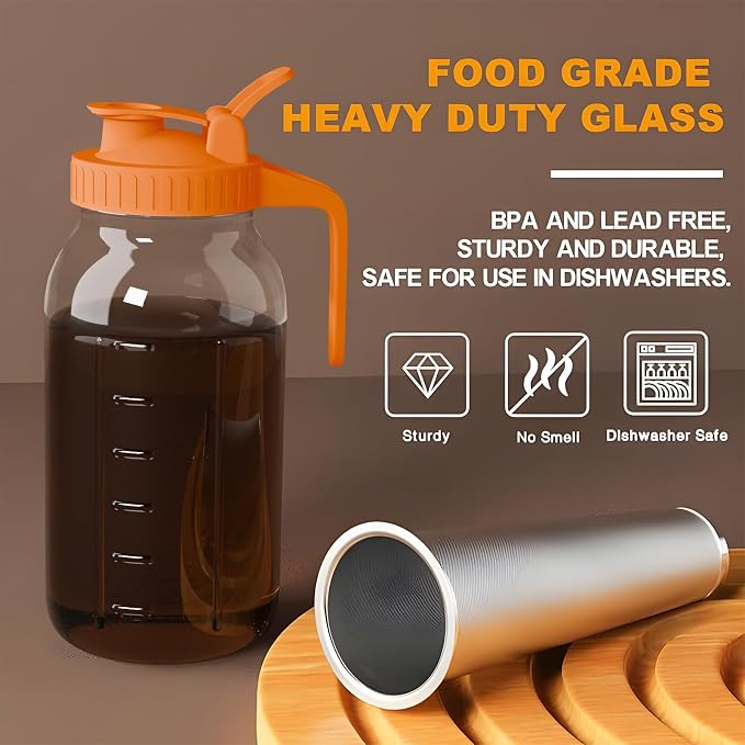 JunVpic Cold Brew Coffee Maker Jar - 64oz Thick Glass Multipurpose Mason Pitcher Spout Lid with Handle & Stainless Steel Filter for Iced Coffee, Lemonade, Ice Tea, Homemade Fruit Drinks Container