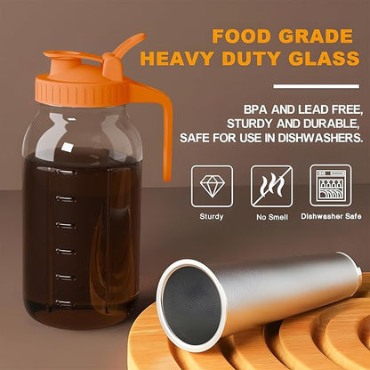 JunVpic Cold Brew Coffee Maker Jar - 64oz Thick Glass Multipurpose Mason Pitcher Spout Lid with Handle & Stainless Steel Filter for Iced Coffee, Lemonade, Ice Tea, Homemade Fruit Drinks Container
