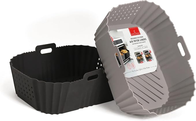 Reusable Silicone Air Fryer Liners for Emeril Lagasse Air Fryer Oven – Non-Stick Reusable Air Fryer Basket Liners – Dishwasher Safe – 9 x 7 x 3 Inch – 2 Pack – Black/Gray