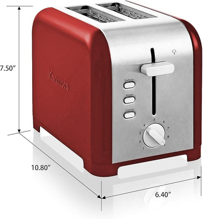 Koolatron Kenmore 2-Slice Toaster, Stainless Steel, Red and Silver, with Extra Wide Slots, Self-Adjusting Bread Guides, Defrost, Bagel and Removable Crumb Tray, Small (KKTS2SR AZ)